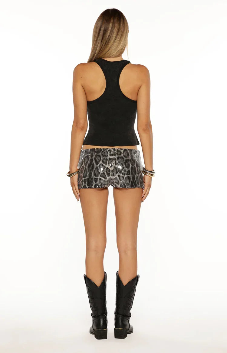 Calithea Silver Leopard Sequin Micro Shorts