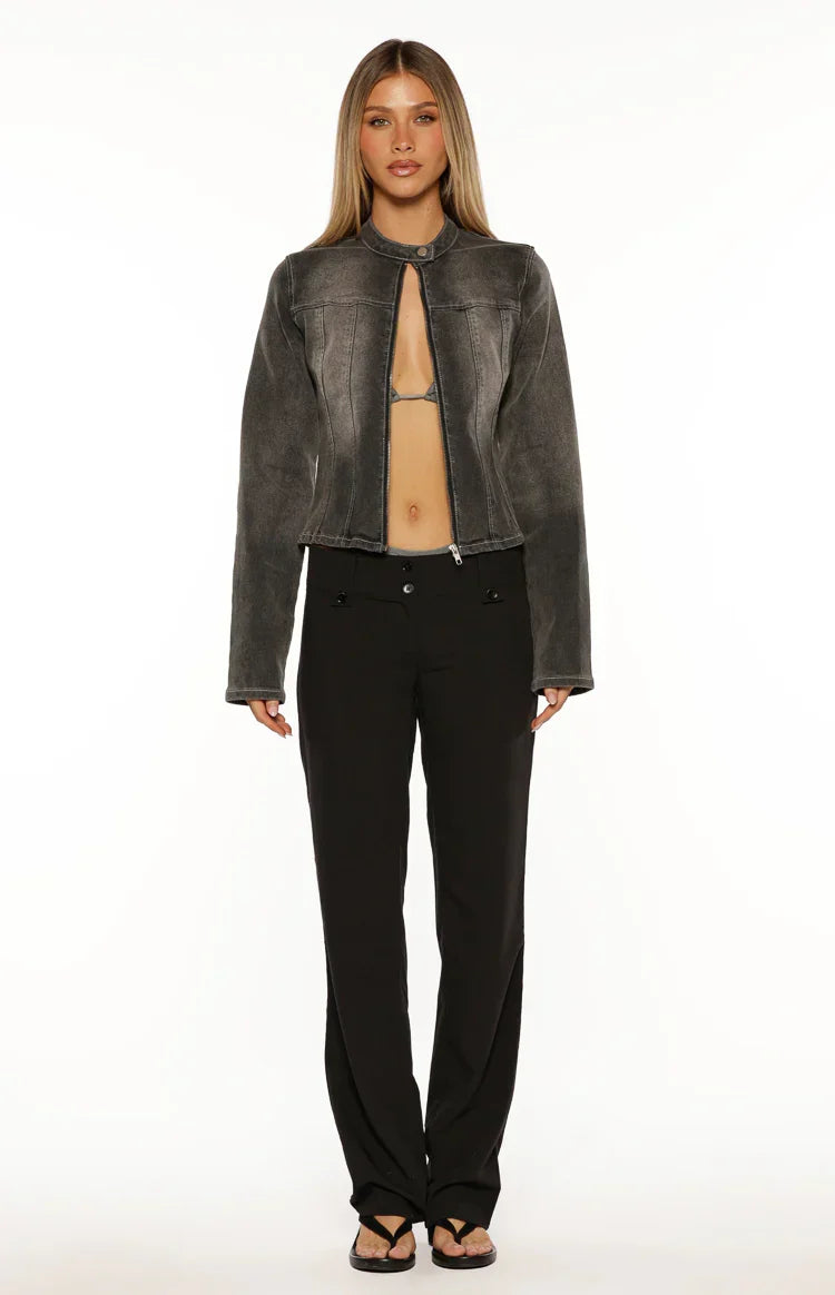 Corey Black Washed Denim Biker Jacket