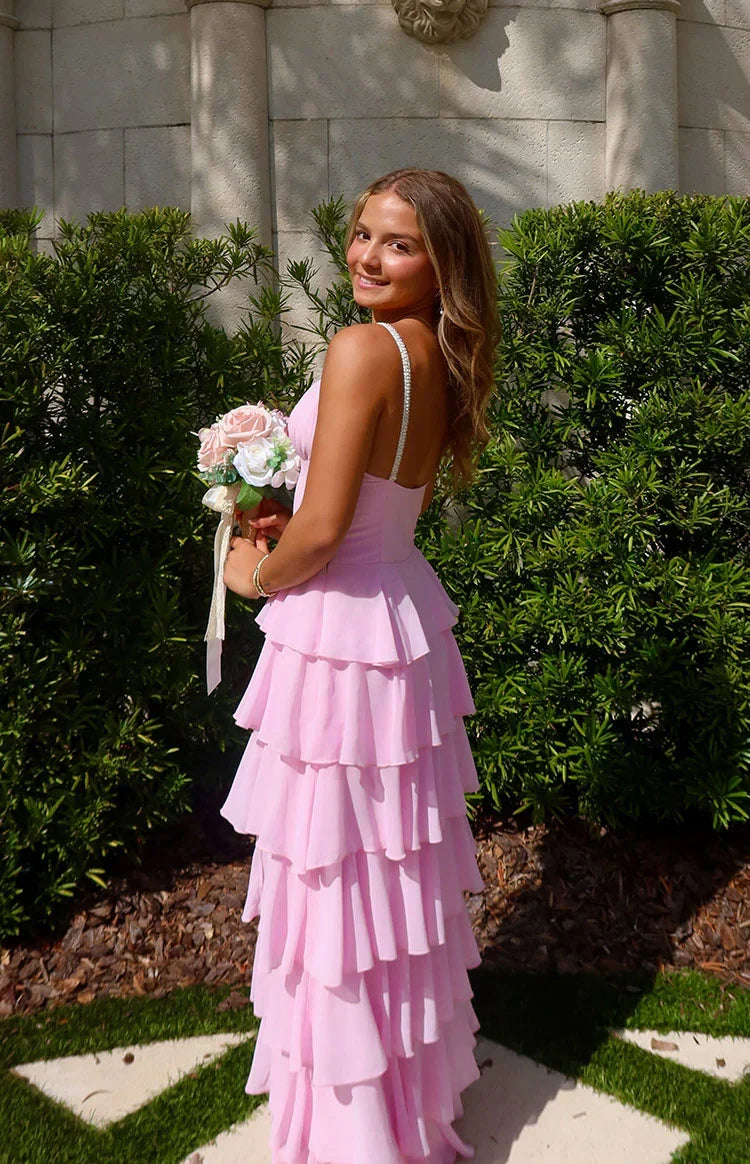 Felicity Pink Pearl Strap Ruffle Maxi Dress