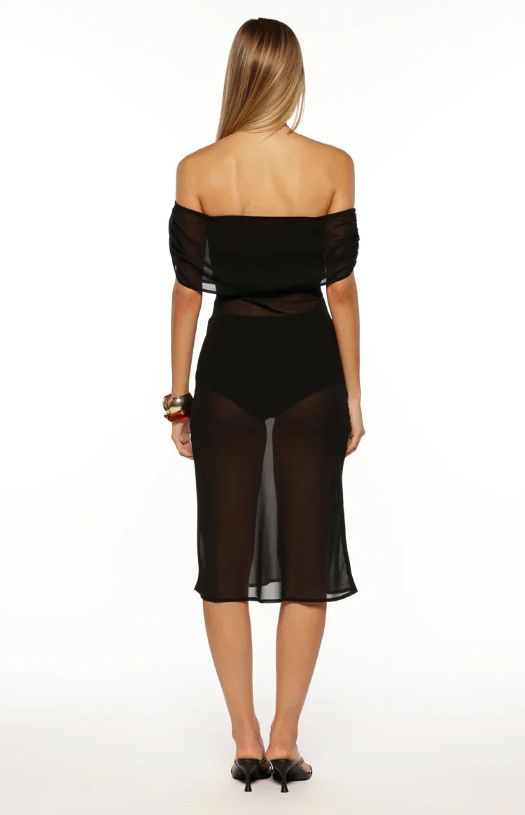 July Black Sheer Off the Shoulder Midi Dress