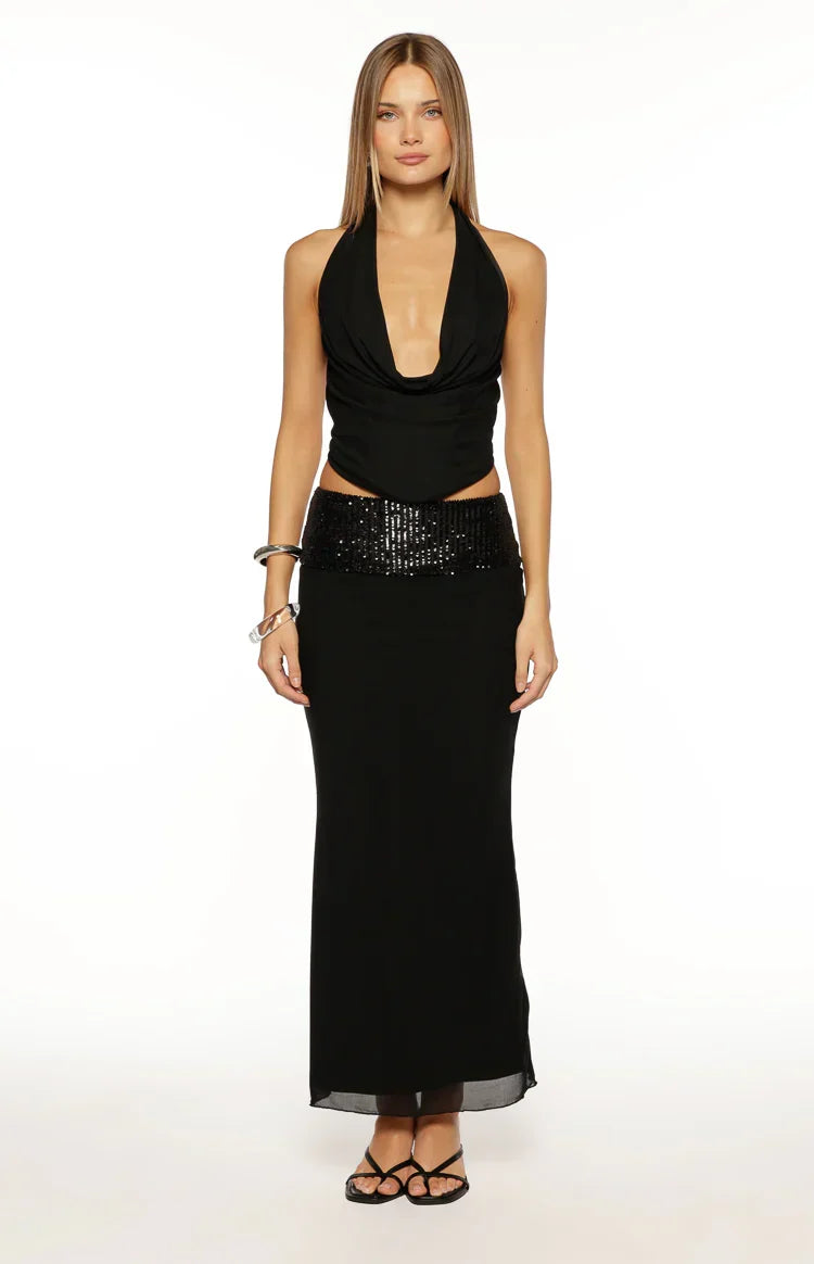 Saedee Black Halter Neck Mesh Top