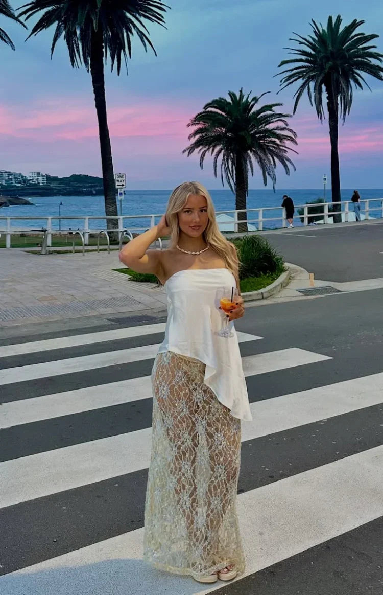 Ivette White Strapless Asymmetric Satin Top - PRE ORDER