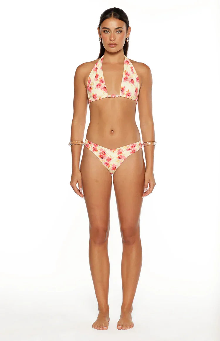 Sunbeam Yellow and Pink Floral Print Halter Bikini Top